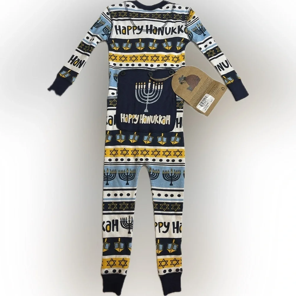 NWT Lazy One Snuggly Flapjack Long John’s With A Trap Door. “Happy Hanukkah” 2T